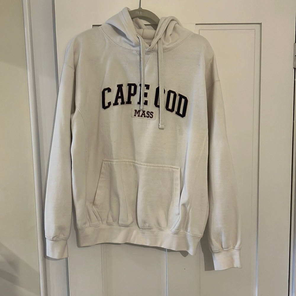 White cape cod sweatshirt with blue lettering